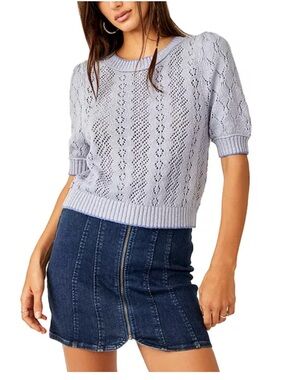 FREE PEOPLE NWOT ELOIS Light BLUE Knit Short-Sleeve Sweater - Women's